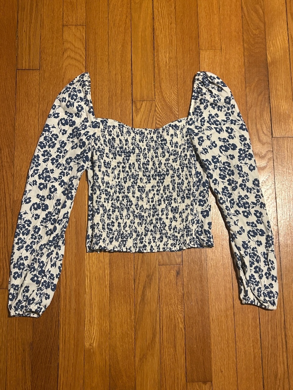 Reformation Blue White Floral Long Sleeve Crop Top Women’s XS